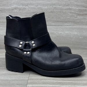 Bongo Black Leather Harness Strap Ankle Moto Boots Womens Size 8